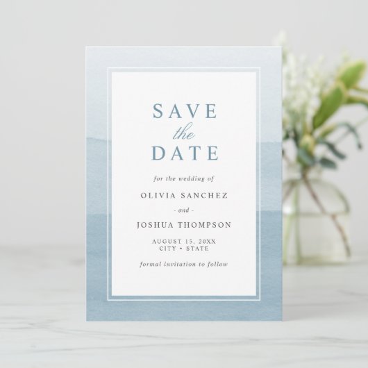 Elegant Dusty Blue Waterverf Ombre Save the Date (Staand voorkant)