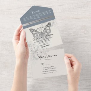 Elegant  Dusty Blue Wedding All In One Uitnodiging