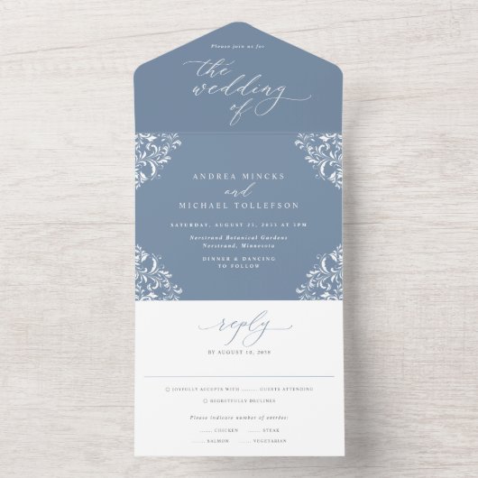 Elegant Dusty Blue Wedding All In One Uitnodiging (Binnen)