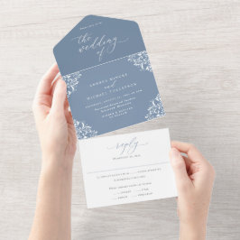Elegant  Dusty Blue Wedding All In One Uitnodiging