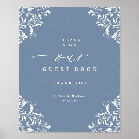 Elegant Dusty Blue Wedding Guest Book Sign Poster (Voorkant)