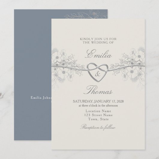 Elegant Dusty Blue Wedding Invitation Kaart (Voorkant / Achterkant)