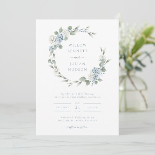 Elegant Dusty Blue Wedding Kaart (Staand voorkant)