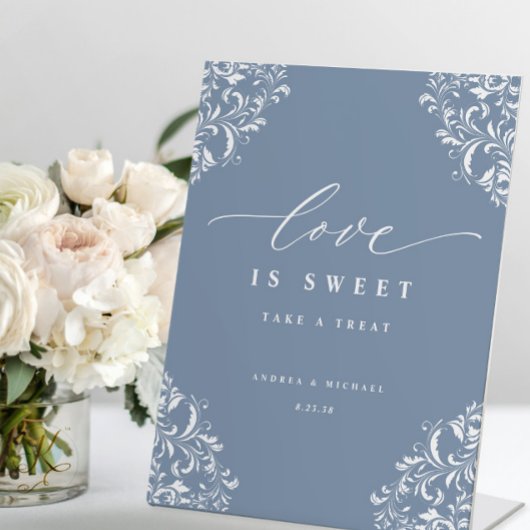 Elegant Dusty Blue Wedding Love is Sweet Reclamebord Met Voetstuk