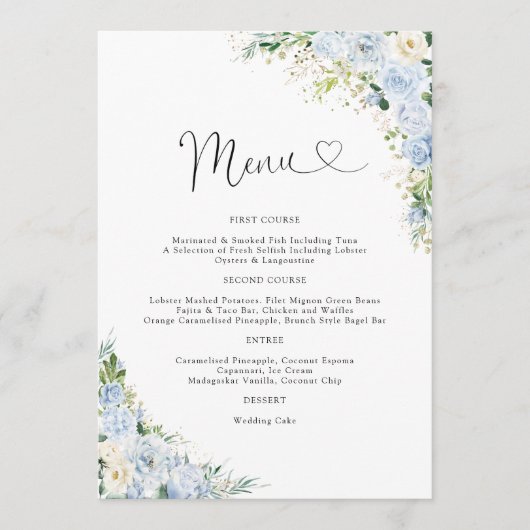 Elegant Dusty Blue Wedding Menu (Voorkant)