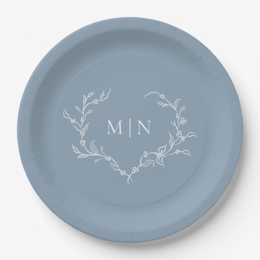 Elegant Dusty Blue Wedding Monogram Wreath Papieren Bordje (Voorkant)