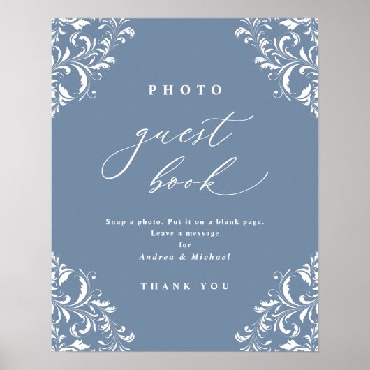 Elegant Dusty Blue Wedding Photo Guest Book Sign Poster (Voorkant)