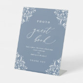 Elegant Dusty Blue Wedding Photo Guest Book Sign Reclamebord Met Voetstuk (Voorkant)