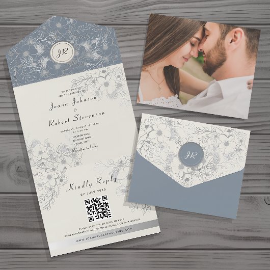Elegant Dusty Blue Wedding QR Code All In One Uitnodiging