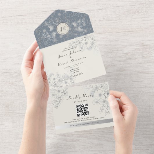 Elegant Dusty Blue Wedding QR Code All In One Uitnodiging (Afscheurbaar)
