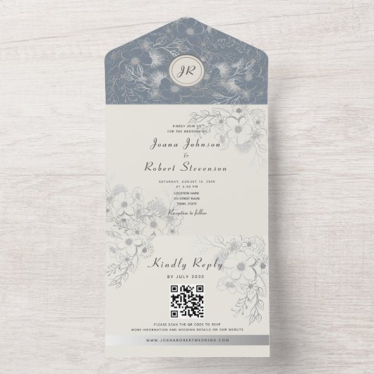 Elegant Dusty Blue Wedding QR Code All In One Uitnodiging (Binnen)