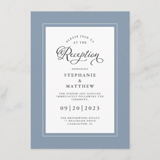 Elegant Dusty Blue Wedding Reception Chic Borders Informatiekaartje (Voorkant)