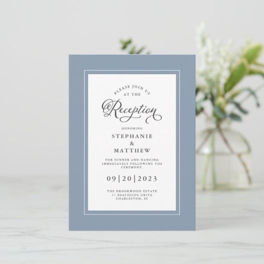 Elegant Dusty Blue Wedding Reception Chic Borders Informatiekaartje (Staand voorkant)