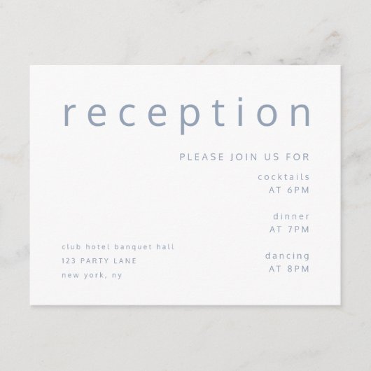 Elegant Dusty Blue Wedding Reception Informatiekaartje (Voorkant)