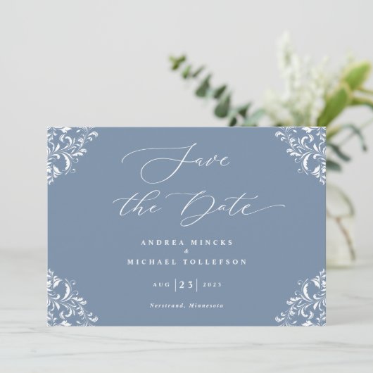 Elegant Dusty Blue Wedding Save the Date Cards (Staand voorkant)