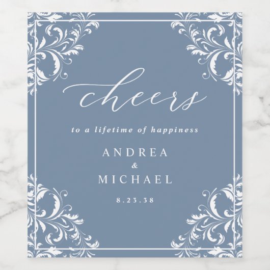 Elegant Dusty Blue Wedding Wine Bottle Labels Wijn Etiket (Enkel label)