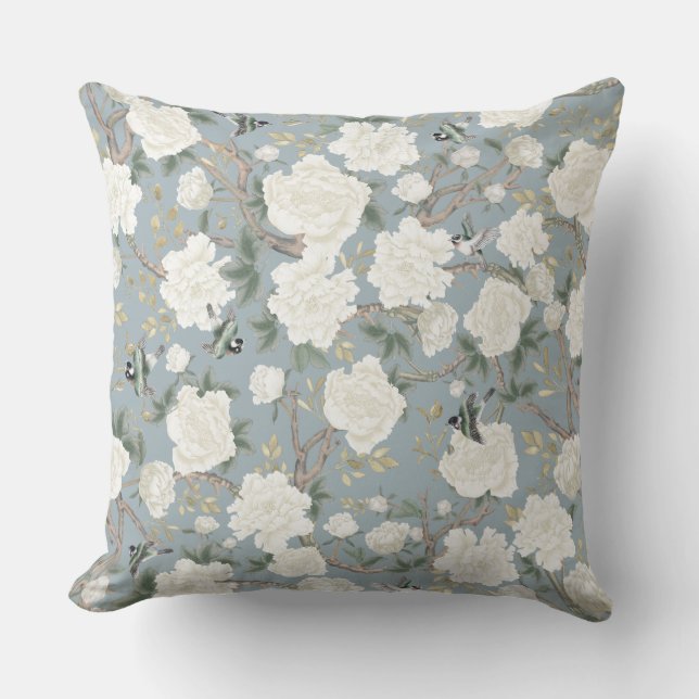 Elegant Dusty Blue White Chinoiserie Flowers Birds Kussen (Voorkant)
