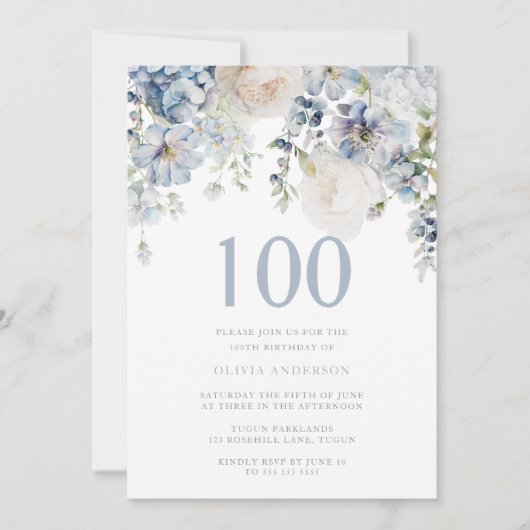 Elegant Dusty Blue & White Floral 100th Birthday Kaart (Voorkant)