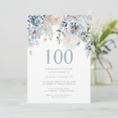 Elegant Dusty Blue & White Floral 100th Birthday Kaart (Staand voorkant)