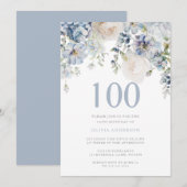 Elegant Dusty Blue & White Floral 100th Birthday Kaart (Voorkant / Achterkant)