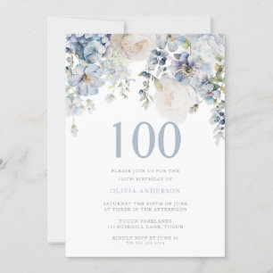 Elegant Dusty Blue & White Floral 100th Birthday Kaart