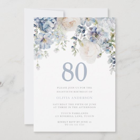 Elegant Dusty Blue & White Floral 80th Birthday Kaart (Voorkant)