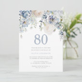 Elegant Dusty Blue & White Floral 80th Birthday Kaart (Staand voorkant)