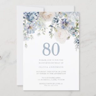 Elegant Dusty Blue & White Floral 80th Birthday Kaart