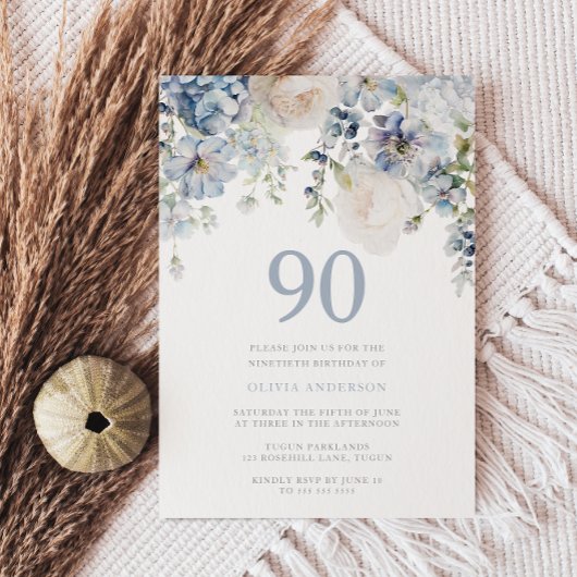 Elegant Dusty Blue & White Floral 90th Birthday Kaart