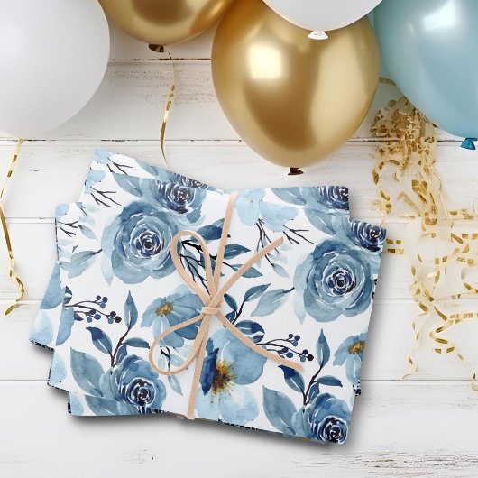Elegant Dusty Blue White Floral Roos Set van 3 Inpakpapier Vel