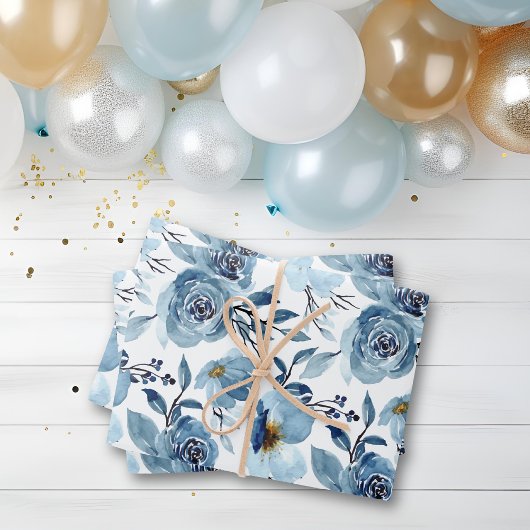 Elegant Dusty Blue White Floral Roos Set van 3 Inpakpapier Vel