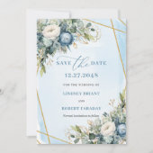 Elegant Dusty Blue White Gold Floral Save The Date Kaart (Voorkant)