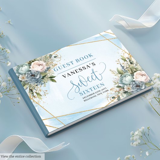 Elegant Dusty Blue White Gold Floral Sweet Sixteen Gastenboek