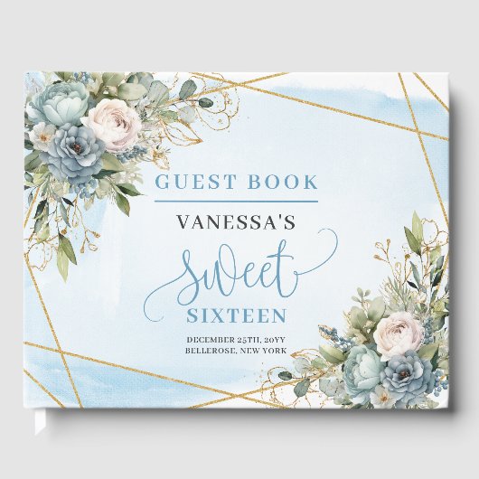 Elegant Dusty Blue White Gold Floral Sweet Sixteen Gastenboek (Voorkant)