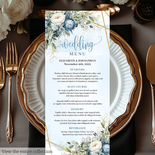 Elegant Dusty Blue White Gold Floral Wedding Menu