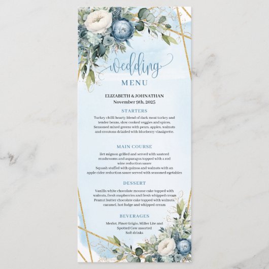 Elegant Dusty Blue White Gold Floral Wedding Menu (Voorkant)