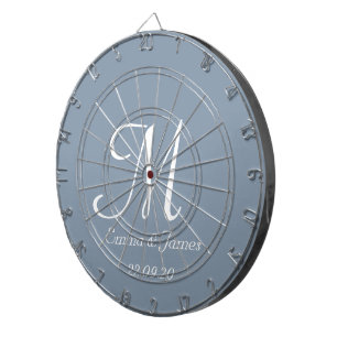Elegant Dusty Blue White Monogram Initiaal naam Dartbord