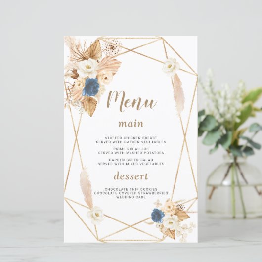 Elegant Dusty Blue White Peach Rozen Wedding Menu (Staand voorkant)