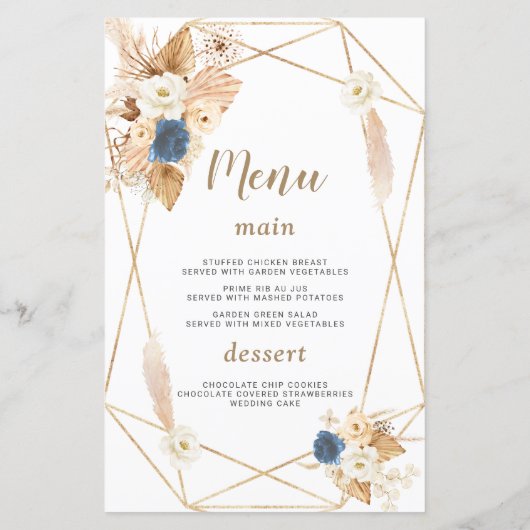 Elegant Dusty Blue White Peach Rozen Wedding Menu (Achterkant)