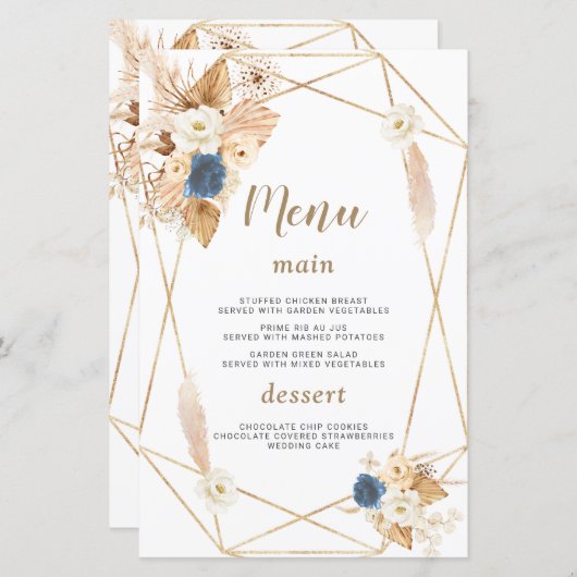 Elegant Dusty Blue White Peach Rozen Wedding Menu (Voorkant / Achterkant)