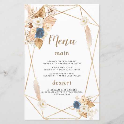 Elegant Dusty Blue White Peach Rozen Wedding Menu (Voorkant)