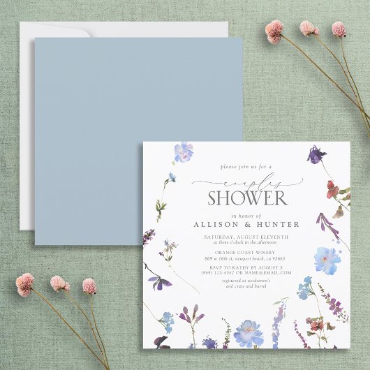 Elegant Dusty Blue Wildflower Couples Shower Kaart