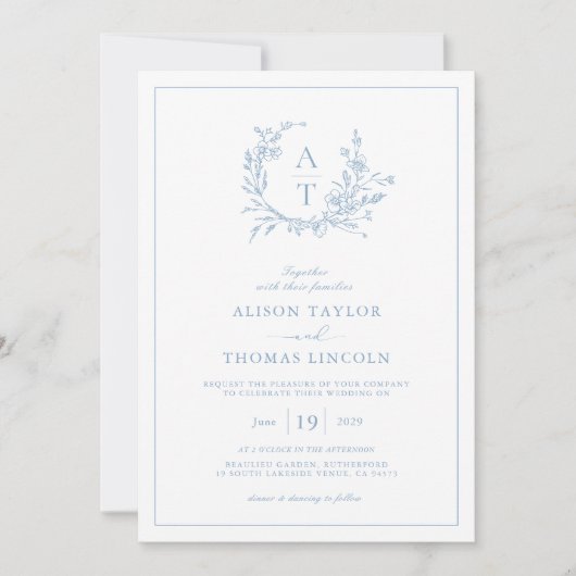 Elegant Dusty Blue Wildflower Crest Wedding Kaart (Voorkant)