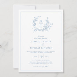 Elegant Dusty Blue Wildflower Crest Wedding Kaart