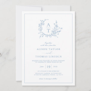 Elegant Dusty Blue Wildflower Crest Wedding Kaart
