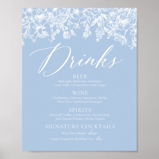 Elegant Dusty Blue Wildflower Drinken Menu Sign Poster (Voorkant)