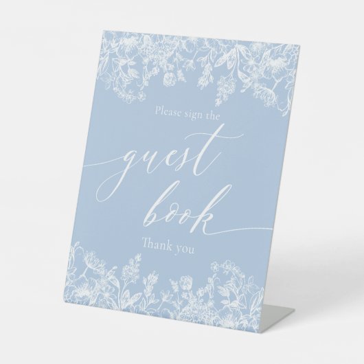 Elegant Dusty Blue Wildflower Gastenboek teken Reclamebord Met Voetstuk (Voorkant)