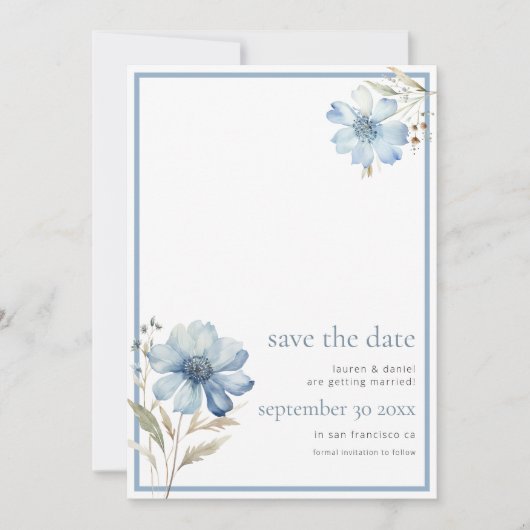 Elegant Dusty Blue Wildflower QR Code Bruiloft Save The Date (Voorkant)