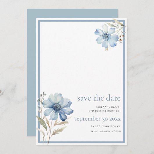 Elegant Dusty Blue Wildflower QR Code Bruiloft Save The Date (Voorkant / Achterkant)