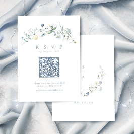 Elegant Dusty Blue Wildflower Rustic Boho QR code RSVP Kaartje